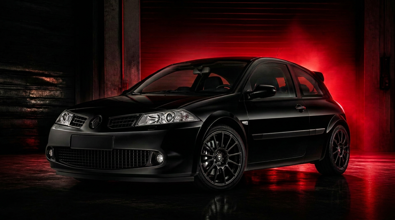 Renault Mégane 2 RS en taller con iluminación roja